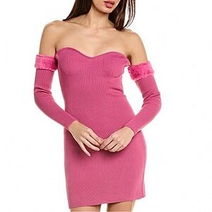 Staud Josee Fur Trimmed Long Sleeve Pink Mini Dress , NEW